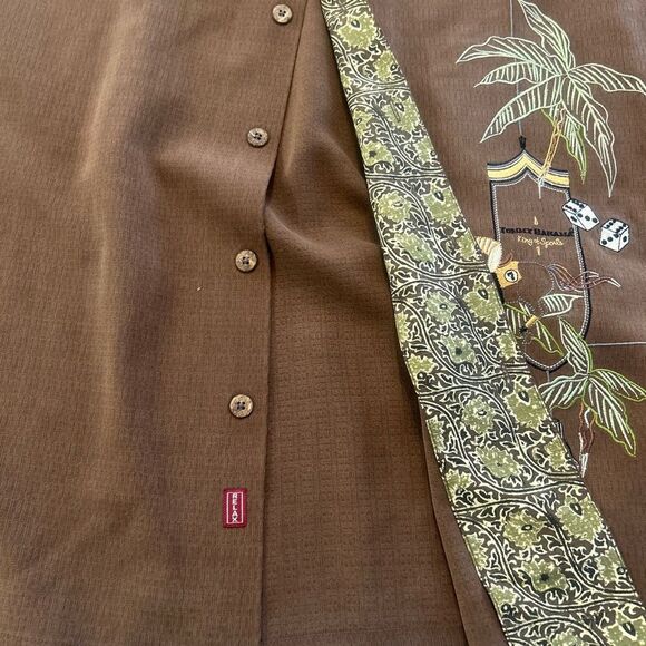 Tommy Bahama 100% Silk Brown Casual Button Down Shirt with Tropical Embroidery - Picture 3 of 4